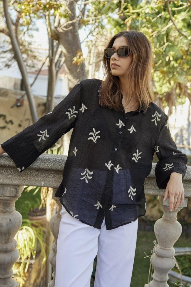 JDYTHEO 7/8 EMBROIDERY SHIRT WVN 15343807 Black/SANDSHELL